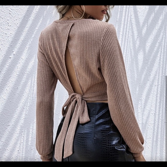 NWOT Top Tied Open Back Solid Brown Pullover - Picture 3 of 3